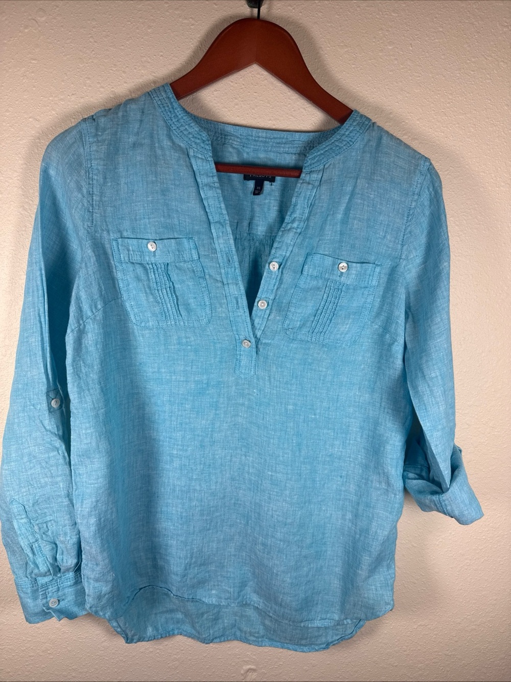 Talbots 100% Linen Popover Tunic Top Roll Tab Sleeves Coastal Beach XS Flowy